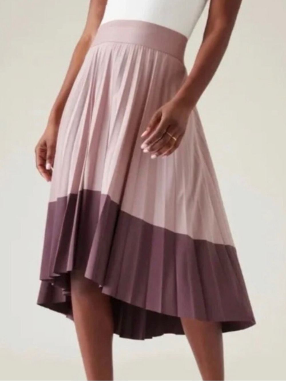Athleta Two-Tone Pleated High-Low Skirt in Blush and Plum